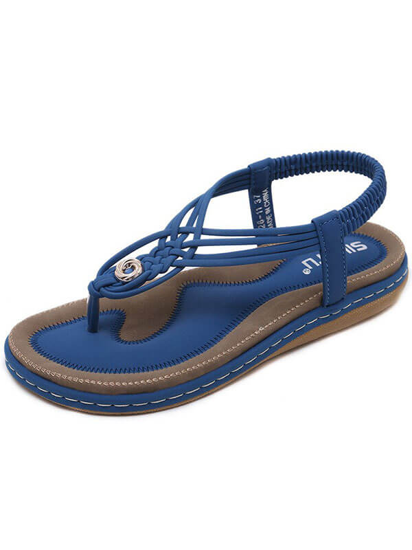Blue women's flat gladiator sandal with braided straps, PU upper, and cushioned insole for stylish comfort.